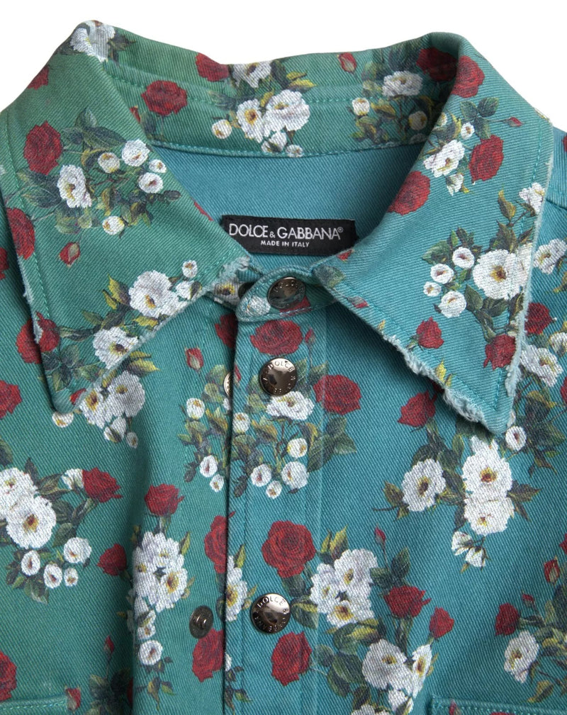 Chemise en jean à boutons bleu à motifs floraux en coton de Dolce &amp; Gabbana