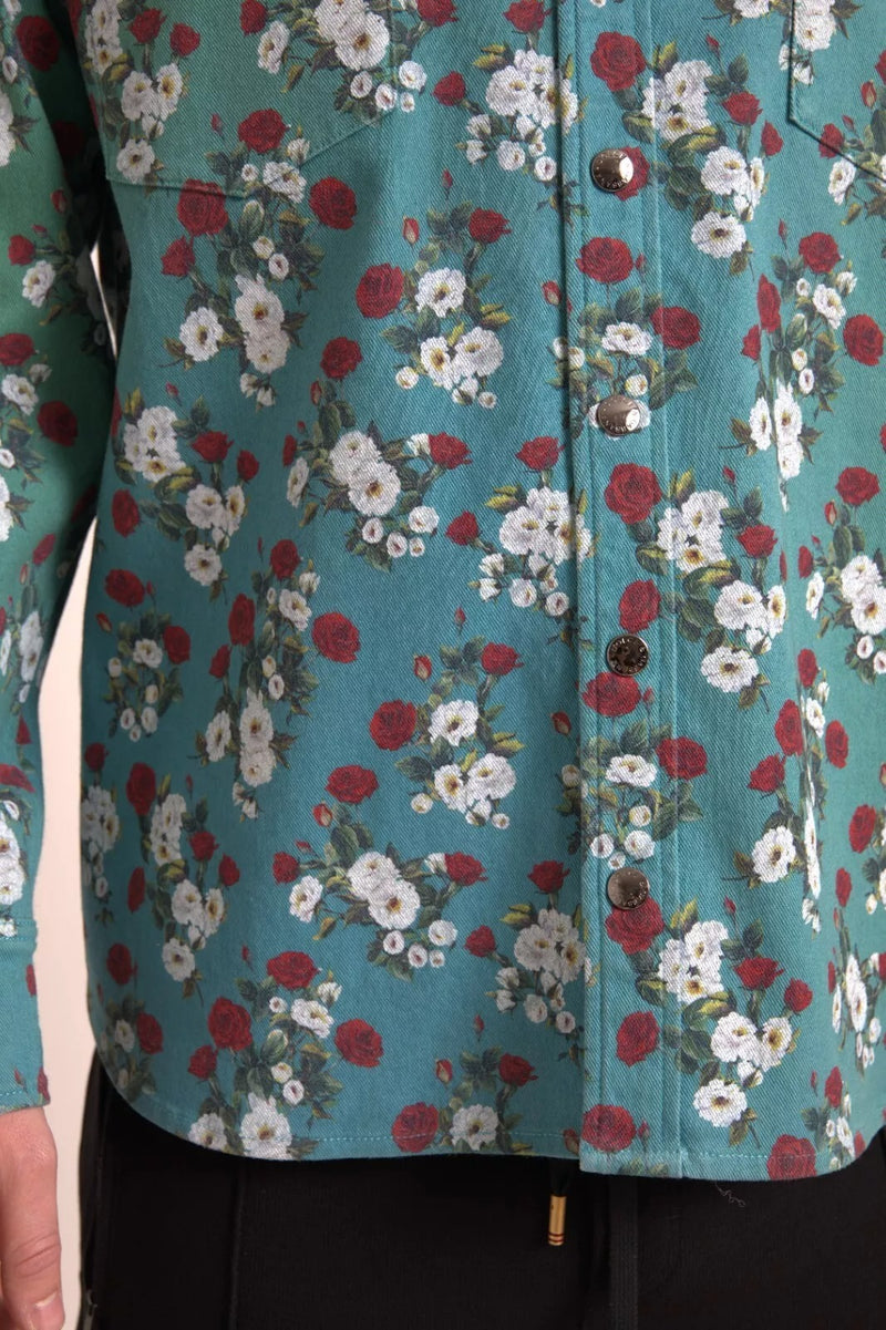 Chemise en jean à boutons bleu à motifs floraux en coton de Dolce &amp; Gabbana