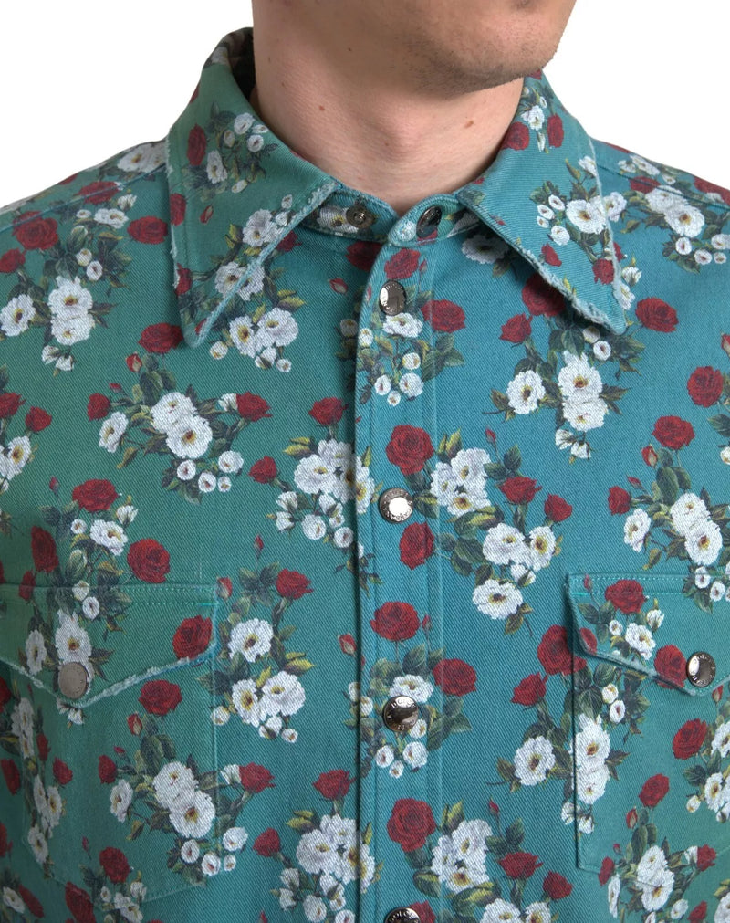 Chemise en jean à boutons bleu à motifs floraux en coton de Dolce &amp; Gabbana