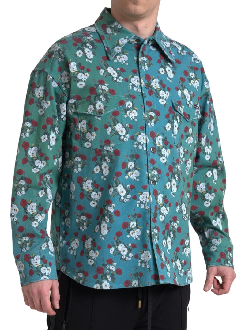 Chemise en jean à boutons bleu à motifs floraux en coton de Dolce &amp; Gabbana