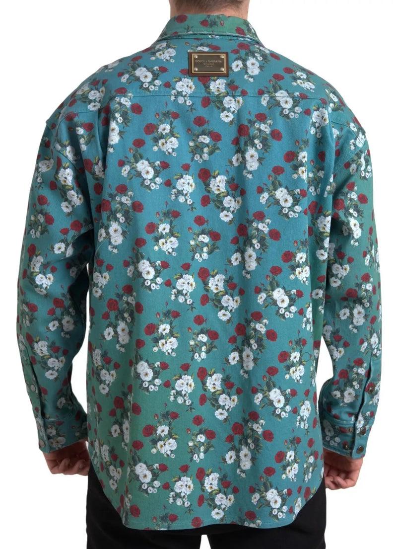 Chemise en jean à boutons bleu à motifs floraux en coton de Dolce &amp; Gabbana