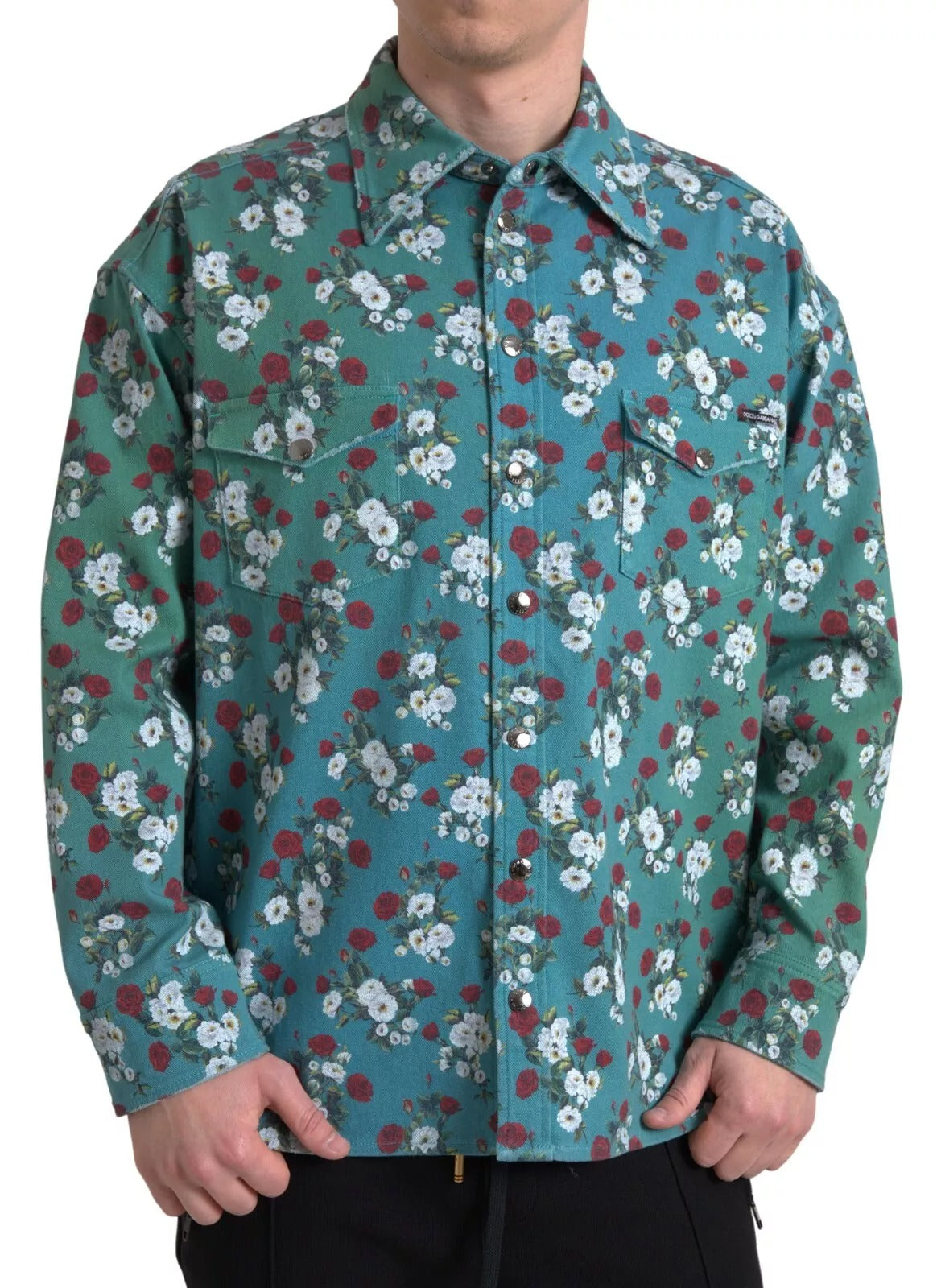 Chemise en jean à boutons bleu à motifs floraux en coton de Dolce &amp; Gabbana