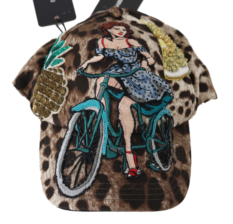 Casquette de baseball Dolce &amp; Gabbana à sequins léopard marron et appliques Sicily