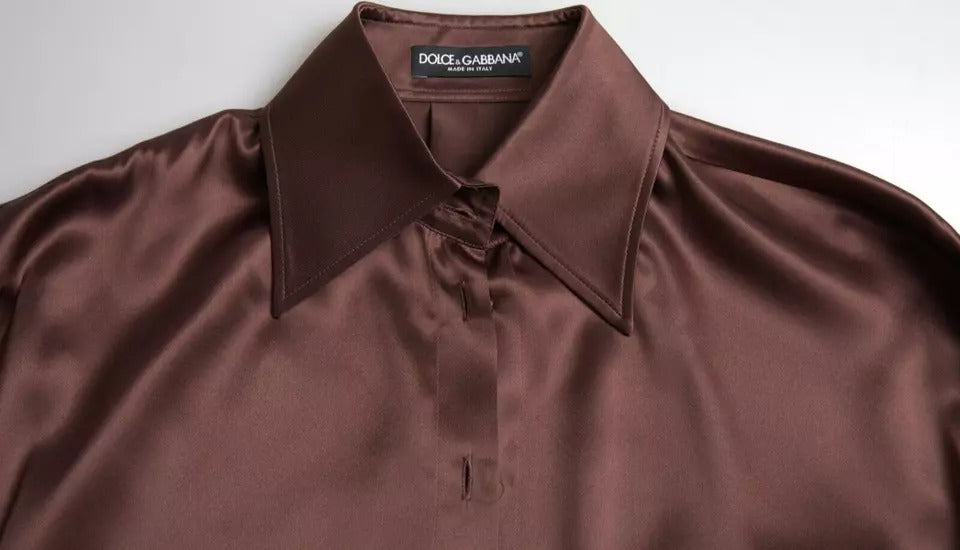 Dolce & Gabbana Blouse en Soie Marron à Col et Manches Longues