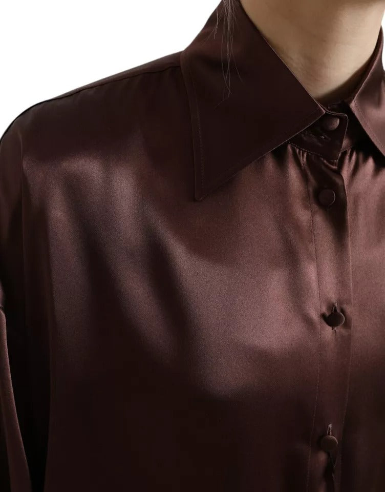 Dolce & Gabbana Blouse en Soie Marron à Col et Manches Longues