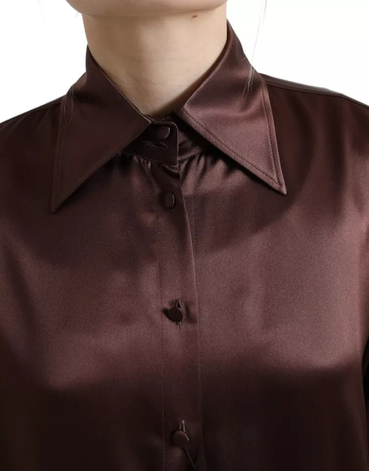 Dolce & Gabbana Blouse en Soie Marron à Col et Manches Longues