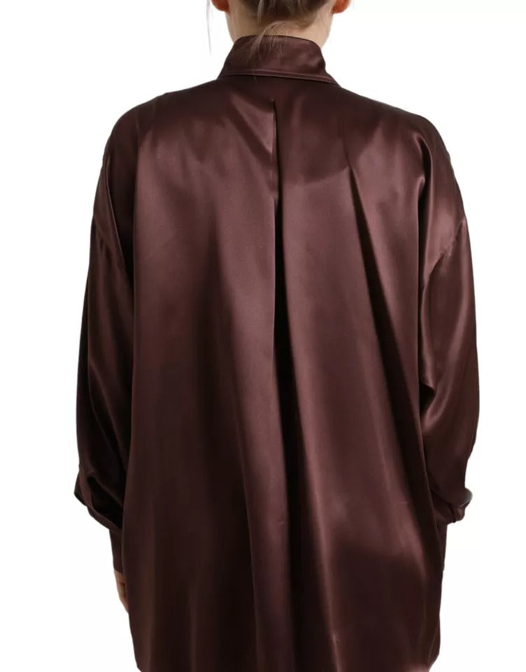 Dolce & Gabbana Blouse en Soie Marron à Col et Manches Longues