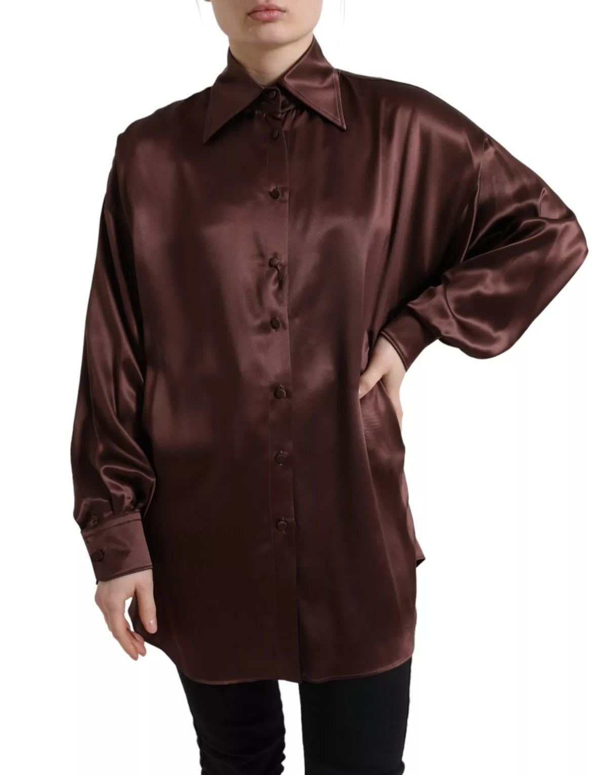 Dolce & Gabbana Blouse en Soie Marron à Col et Manches Longues