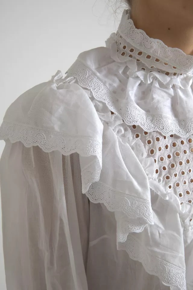 Dolce & Gabbana Blouse en Coton Blanc avec Dentelle au Col