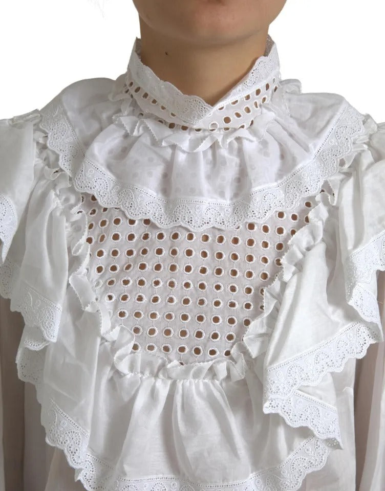 Dolce & Gabbana Blouse en Coton Blanc avec Dentelle au Col