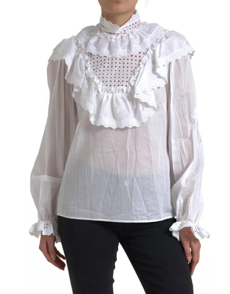 Dolce & Gabbana Blouse en Coton Blanc avec Dentelle au Col