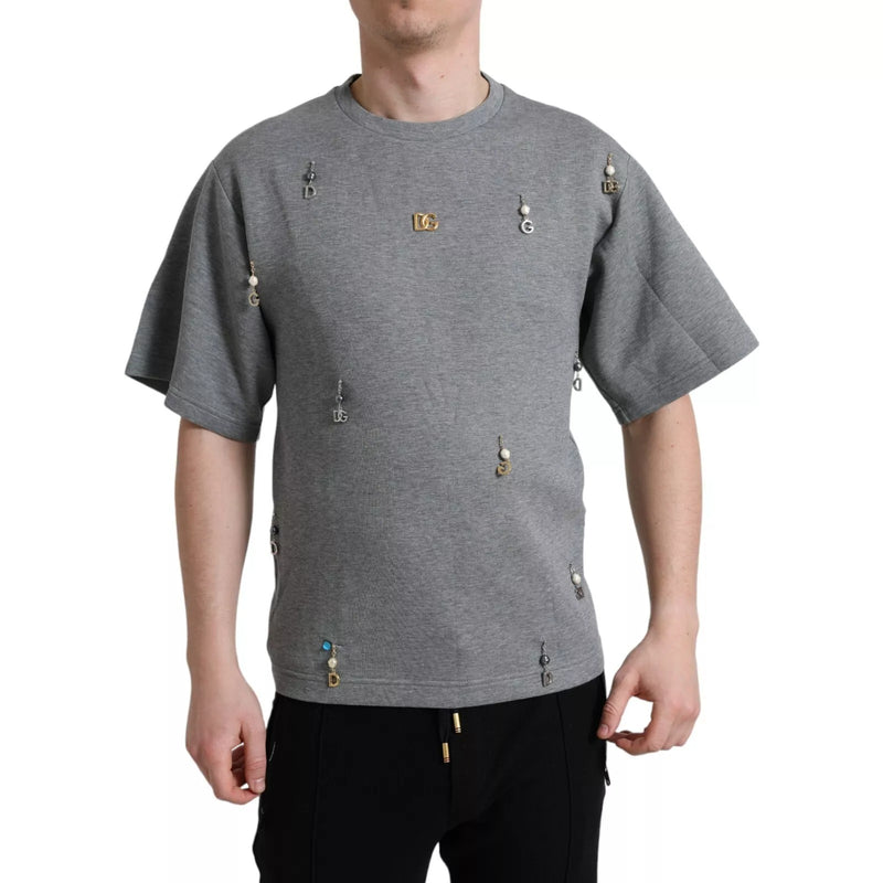 Dolce &amp; Gabbana grijs katoenen T-shirt met ronde hals en versieringen