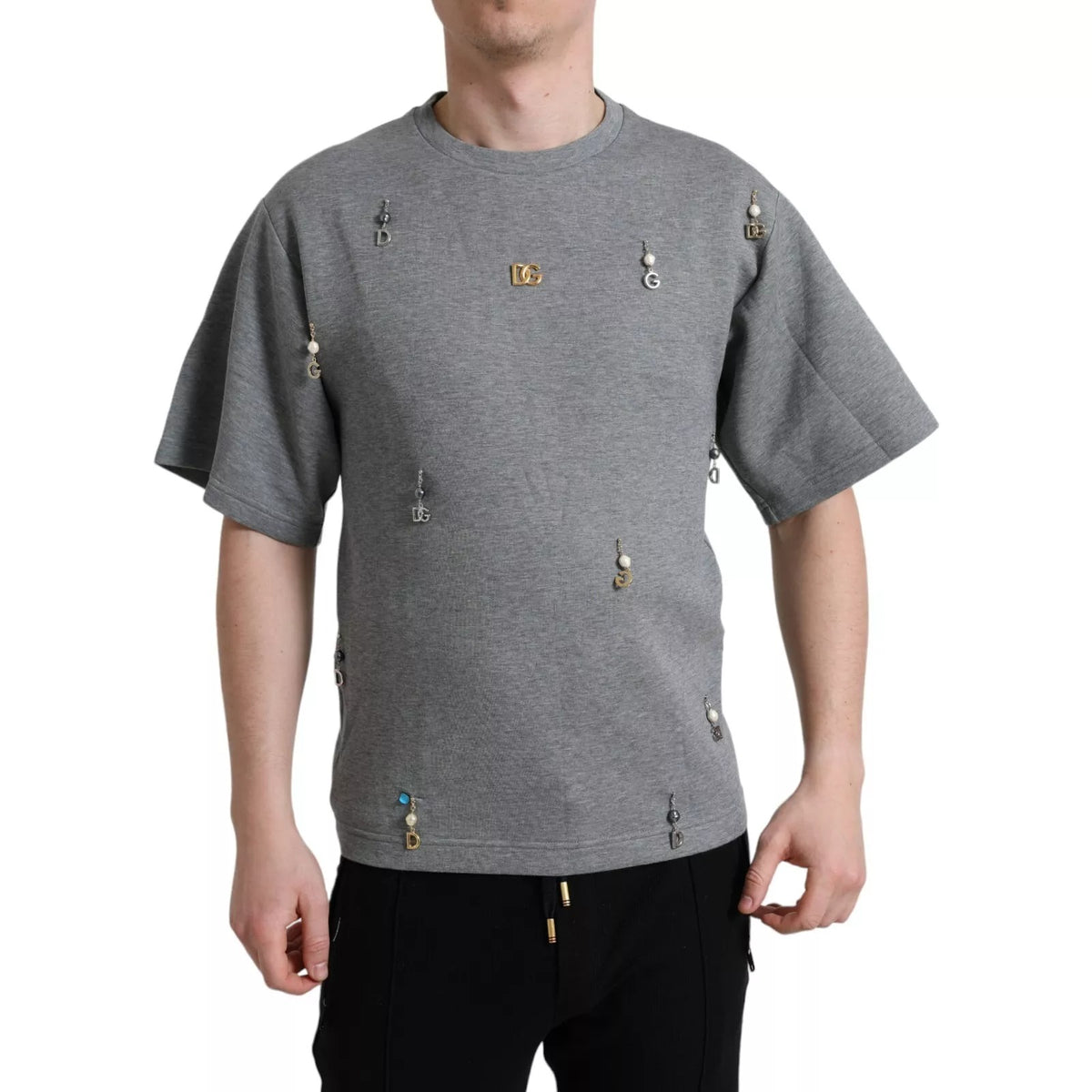 T-shirt à col rond en coton gris brodé de Dolce &amp; Gabbana