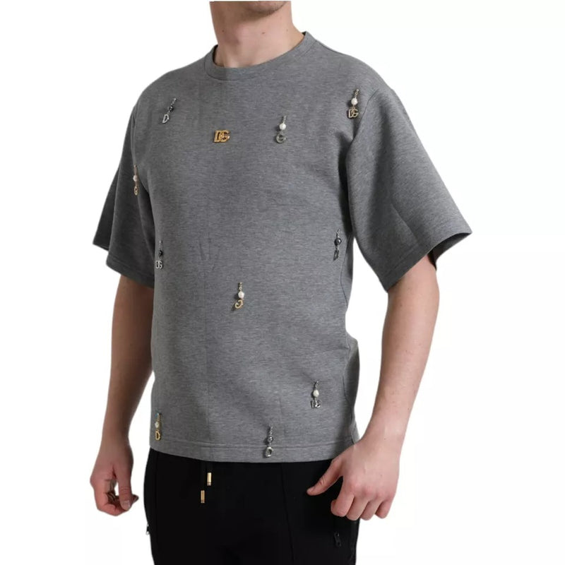 Dolce &amp; Gabbana grijs katoenen T-shirt met ronde hals en versieringen