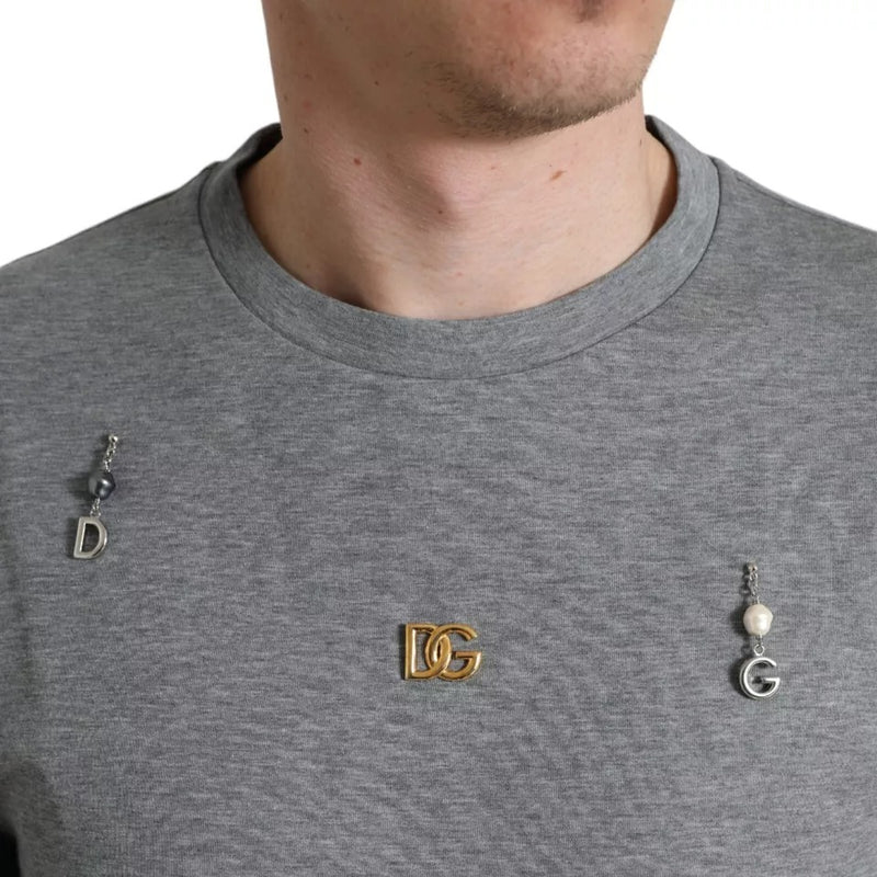 Dolce &amp; Gabbana grijs katoenen T-shirt met ronde hals en versieringen