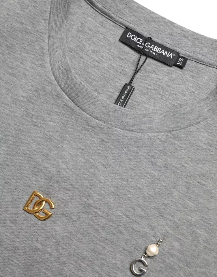 Dolce &amp; Gabbana grijs katoenen T-shirt met ronde hals en versieringen
