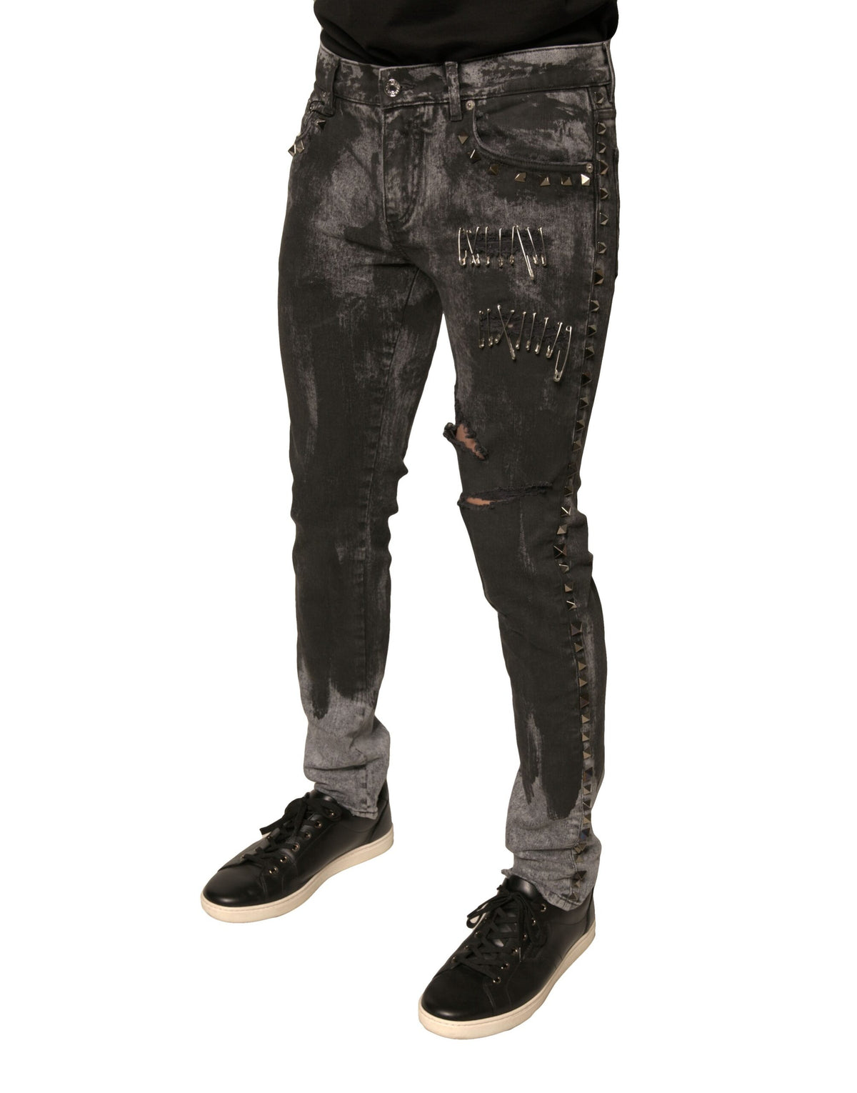 Jeans skinny en coton gris ornés de détails de Dolce &amp; Gabbana
