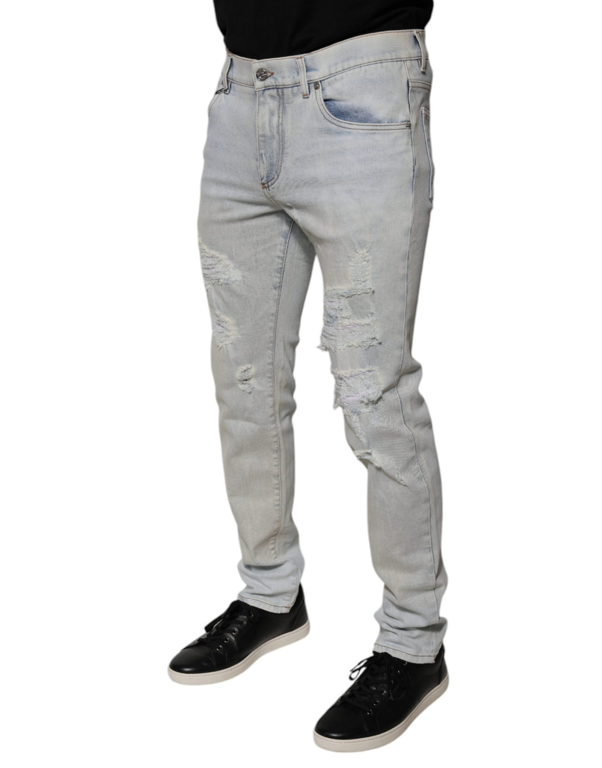 Jeans skinny en coton mélangé bleu clair, effet déchiré, Dolce &amp; Gabbana
