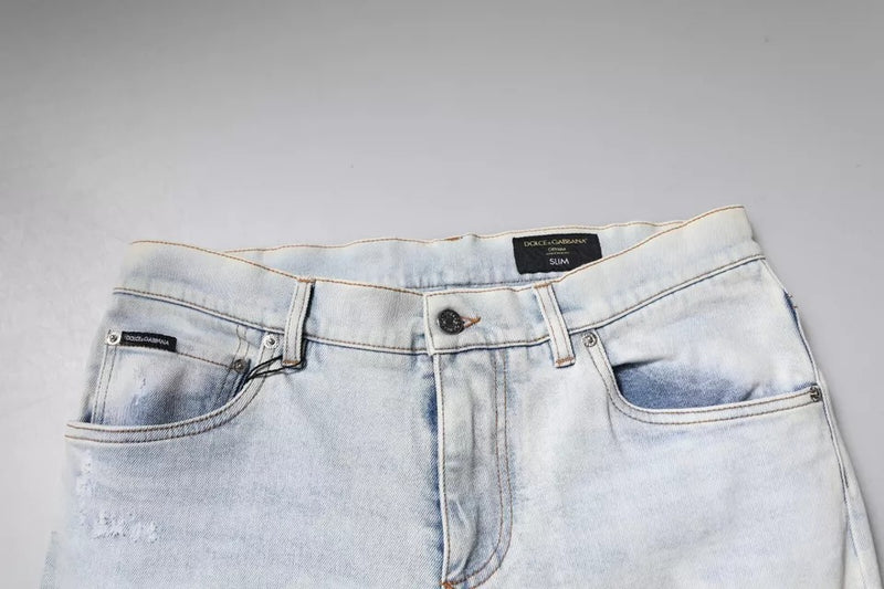 Jeans skinny en coton mélangé bleu clair, effet déchiré, Dolce &amp; Gabbana