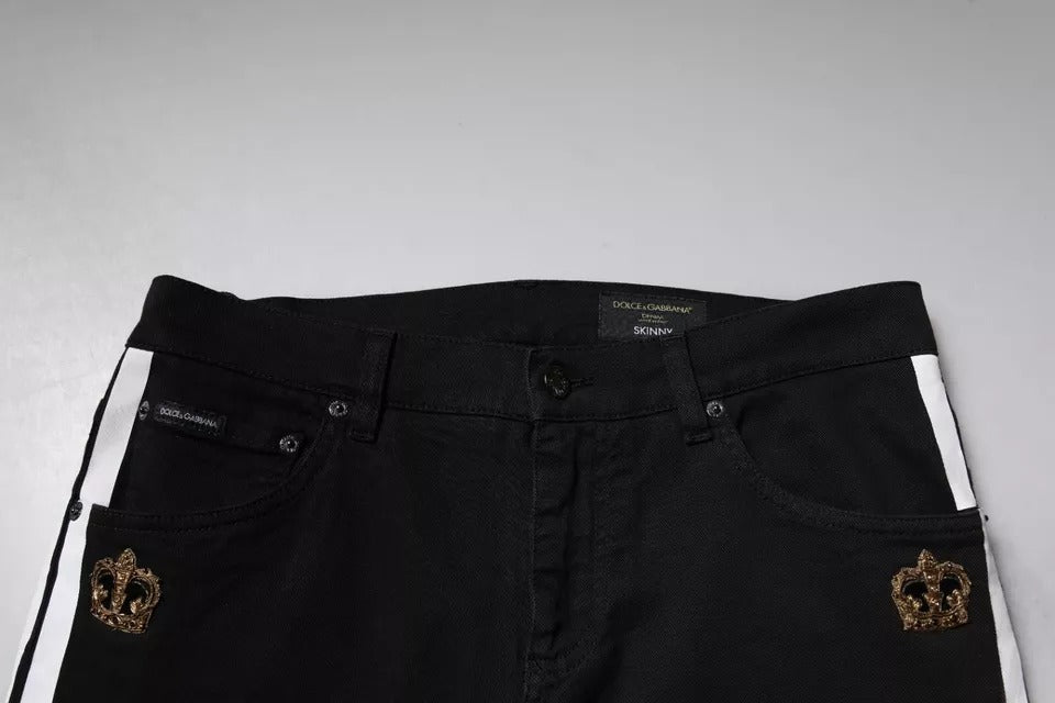 Jeans skinny en jean noir à doublure blanche avec couronne Dolce &amp; Gabbana