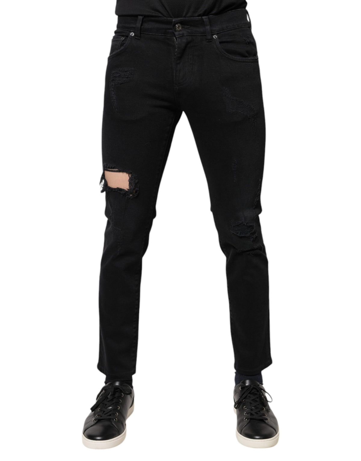 Jeans skinny en coton noir délavé avec logo Dolce &amp; Gabbana