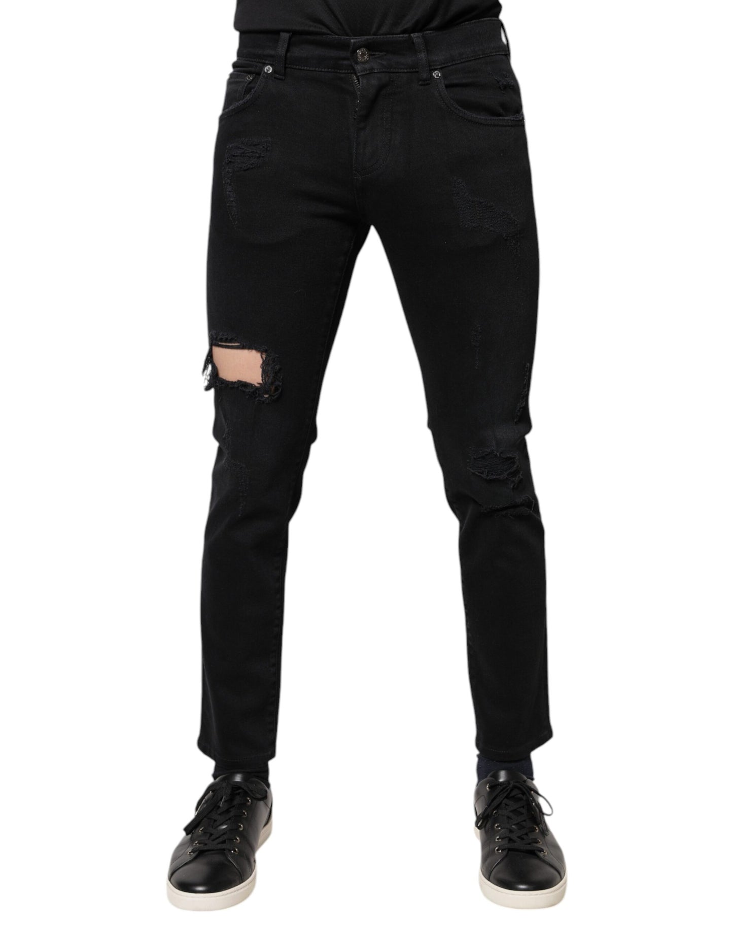 Dolce &amp; Gabbana Zwarte Katoenen, Versleten Skinny Denim Jeans met Logo
