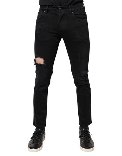 Dolce &amp; Gabbana Zwarte Katoenen, Versleten Skinny Denim Jeans met Logo