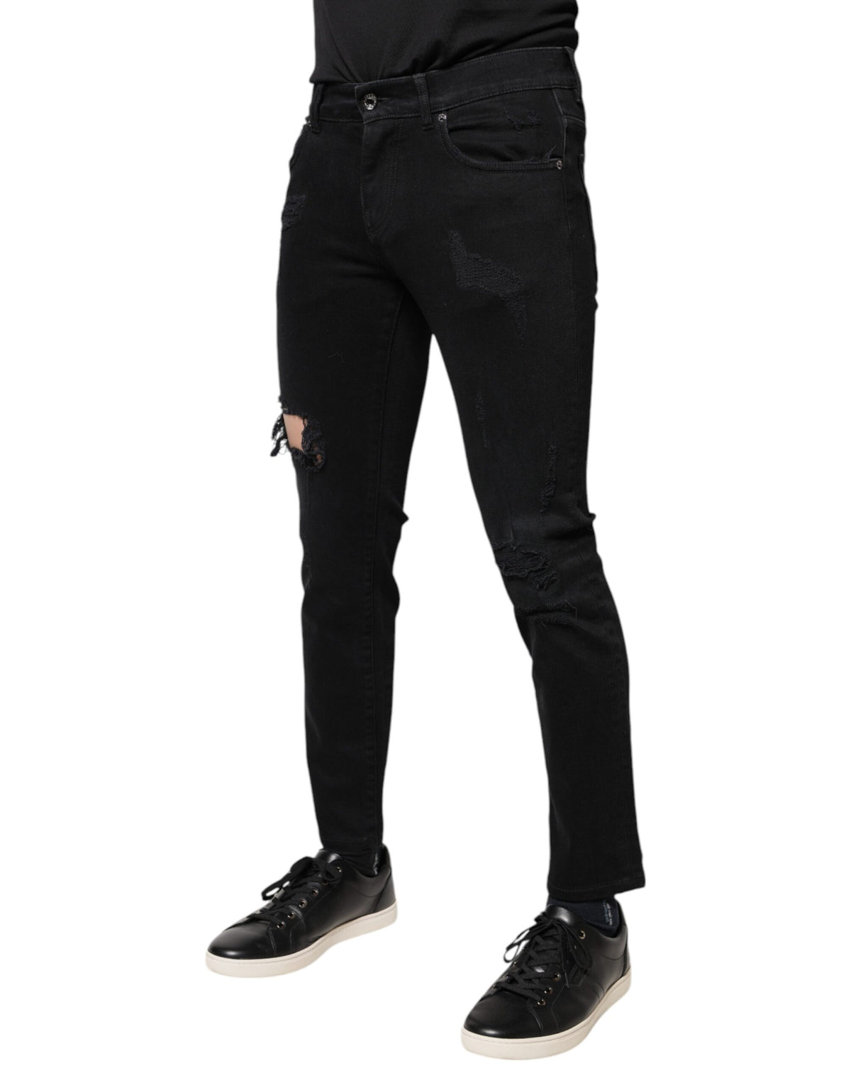Jeans skinny en coton noir délavé avec logo Dolce &amp; Gabbana