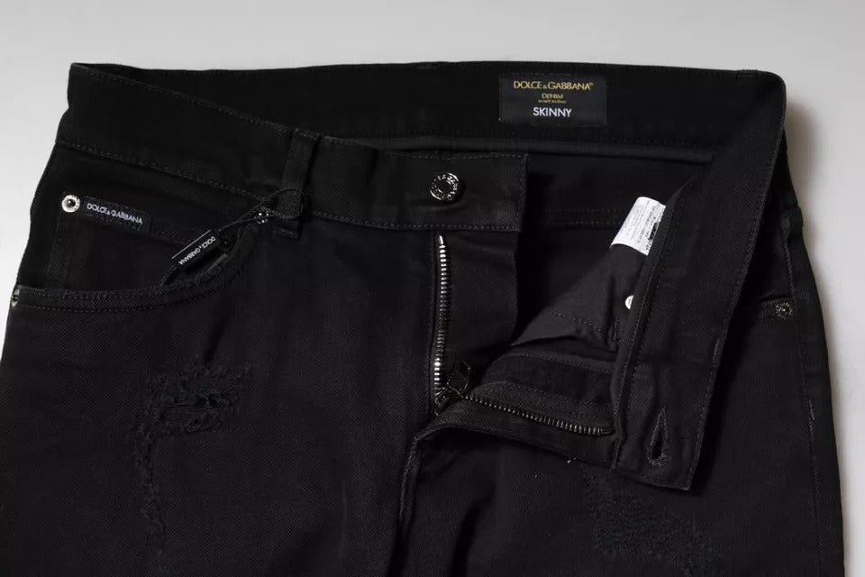 Jeans skinny en coton noir délavé avec logo Dolce &amp; Gabbana