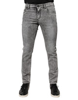Jeans slim en coton gris avec plaque logo Dolce &amp; Gabbana