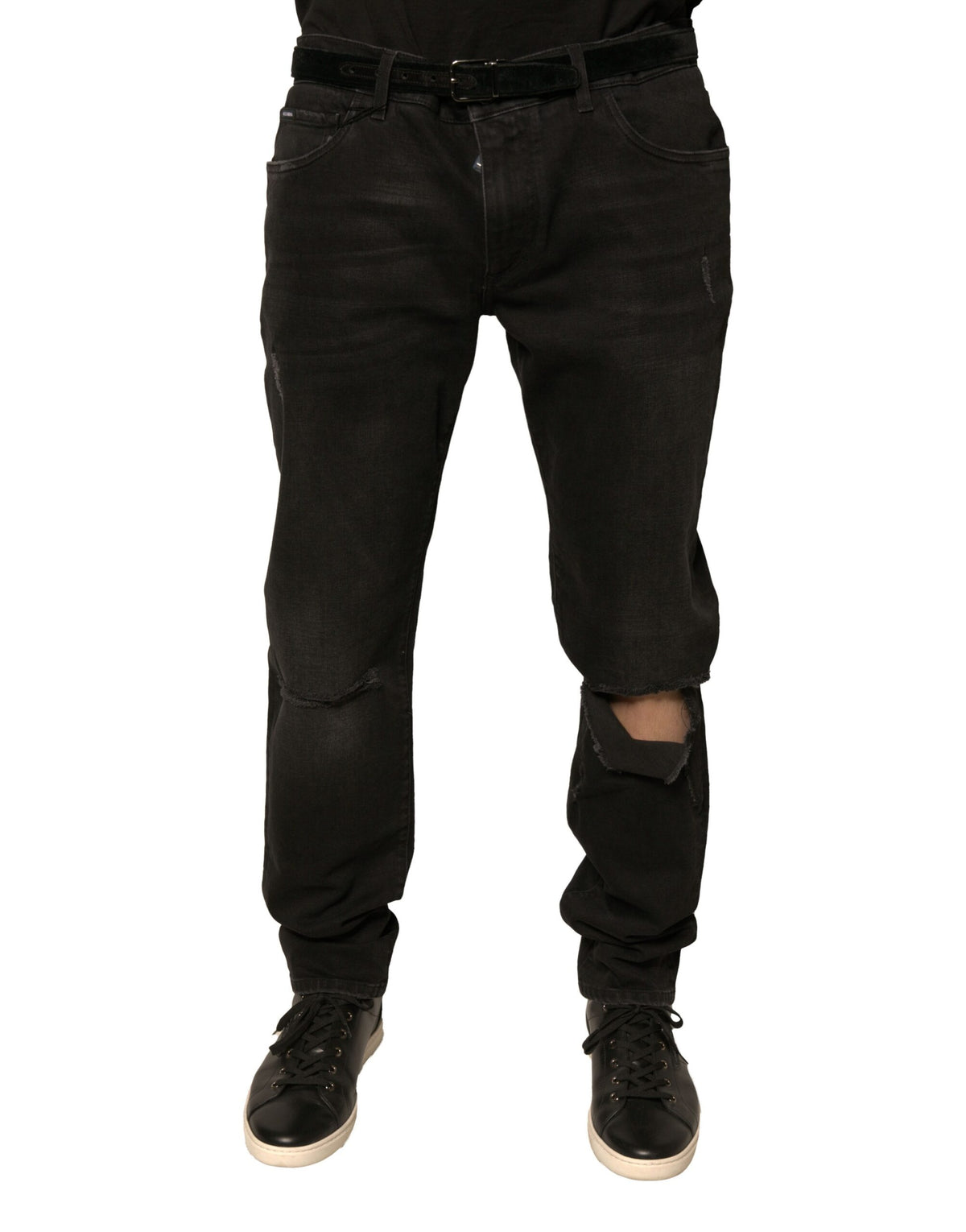 Jeans skinny en coton noir déchiré avec logo Dolce &amp; Gabbana