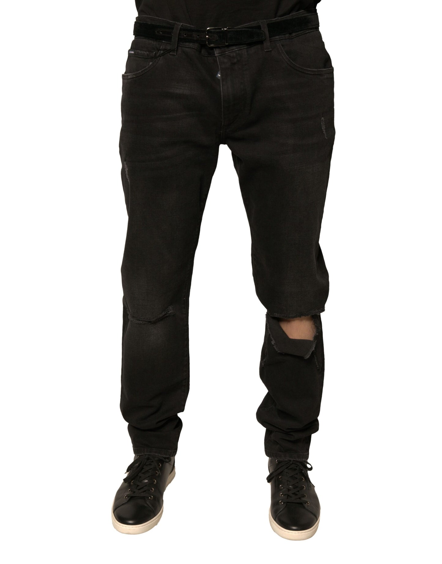 Jeans skinny en coton noir déchiré avec logo Dolce &amp; Gabbana