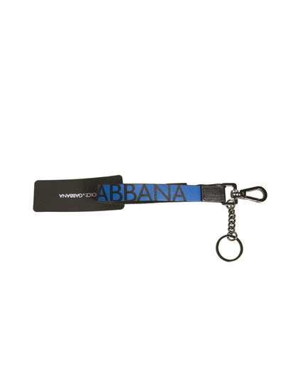 Dolce &amp; Gabbana Blauw Logo Polyester Zilveren Messing Houder Sleutelhanger Sleutelhanger
