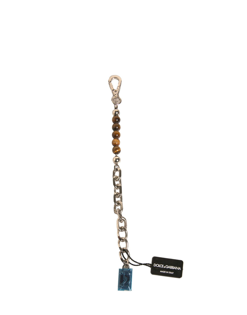 Dolce & Gabbana Silver Brass Chain Beaded Logo Plaque Keychain