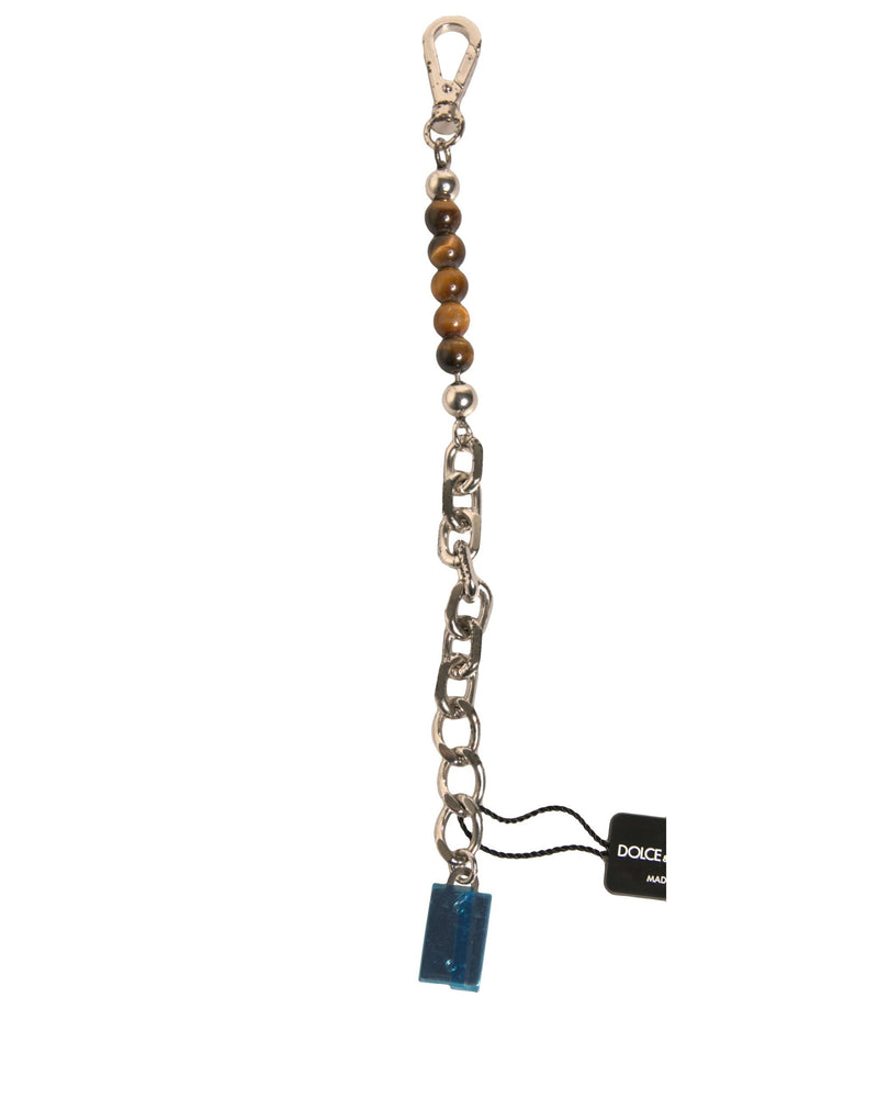 Dolce & Gabbana Silver Brass Chain Beaded Logo Plaque Keychain