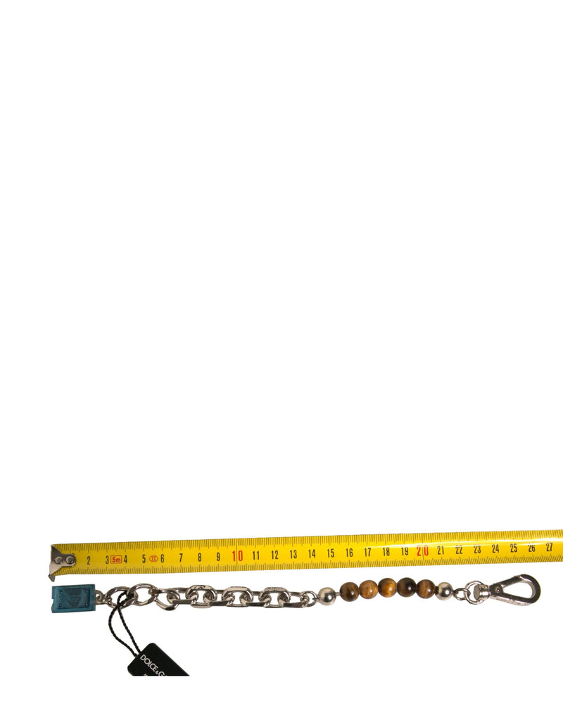 Dolce & Gabbana Silver Brass Chain Beaded Logo Plaque Keychain