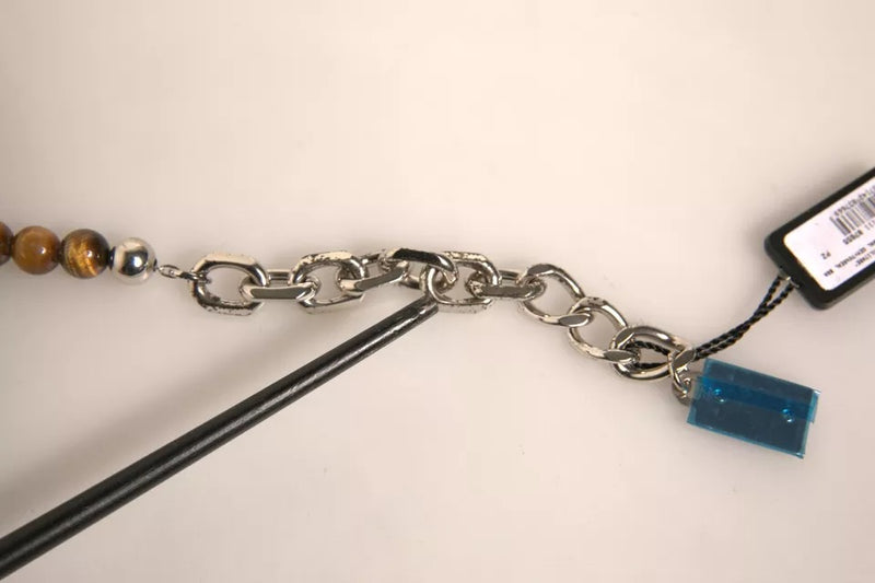 Dolce & Gabbana Silver Brass Chain Beaded Logo Plaque Keychain