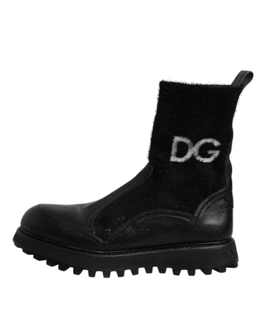Bottines montantes en forme de chaussette avec logo DG et motif cheval, noires, Dolce & Gabbana.