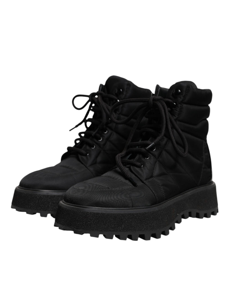 Dolce & Gabbana Black Padded Mid Calf Lace Up Boots