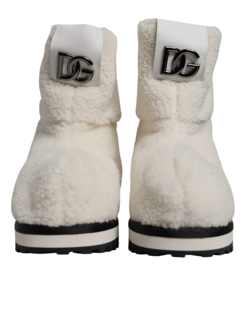 Dolce & Gabbana White Plush Logo Padded Mid Calf Boots