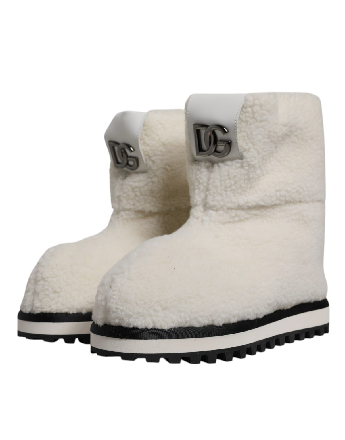 Dolce & Gabbana White Plush Logo Padded Mid Calf Boots