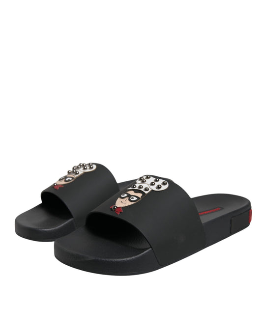 Sandales compensées en cuir noir Dolce & Gabbana, chaussures de plage.