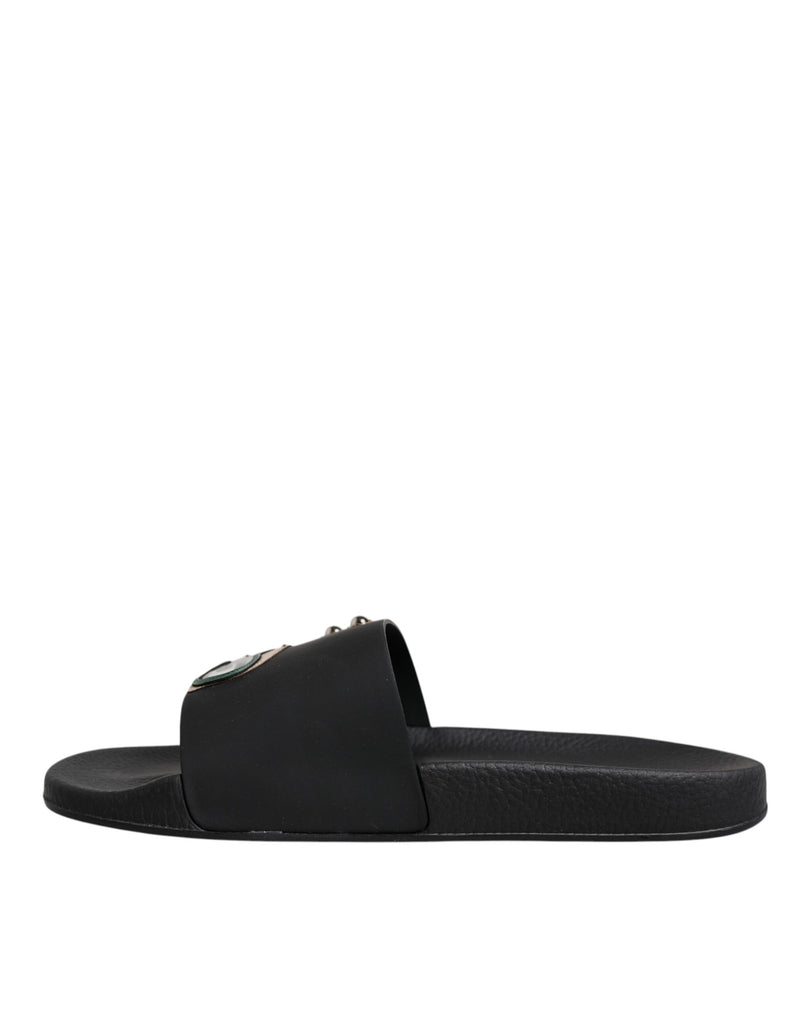 Dolce & Gabbana Black Divers Leather Flats Slides Sandals