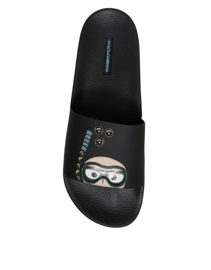 Dolce & Gabbana Black Divers Leather Flats Slides Sandals