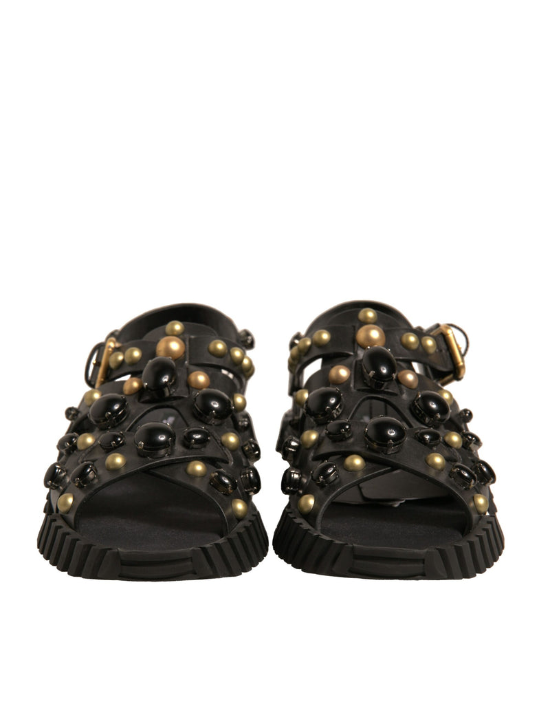 Dolce & Gabbana Black Leather Studded Slides Sandals
