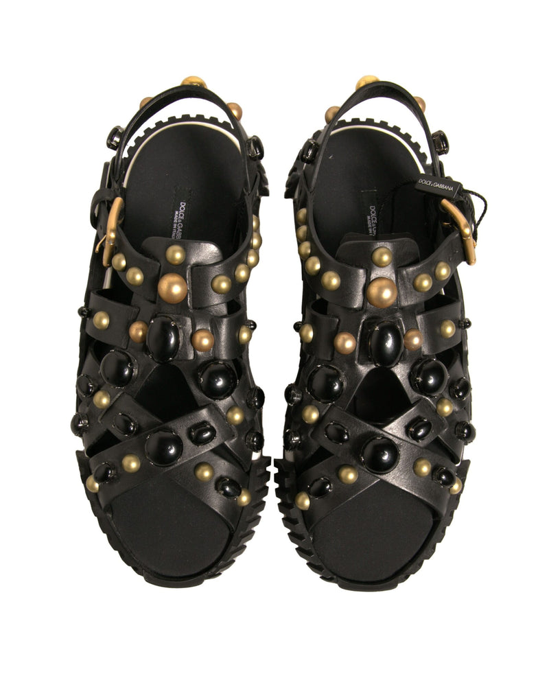 Dolce & Gabbana Black Leather Studded Slides Sandals