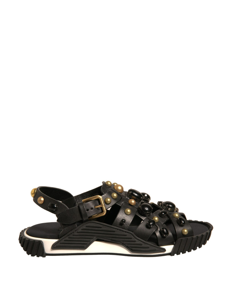 Dolce & Gabbana Black Leather Studded Slides Sandals