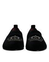 Dolce & Gabbana Black Velvet Crystal Crown Loafers