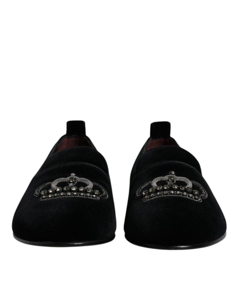 Dolce & Gabbana Black Velvet Crystal Crown Loafers