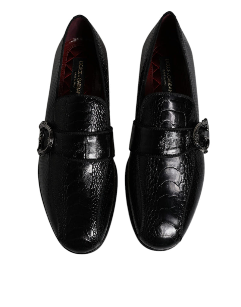 Dolce & Gabbana Black Exotic Leather DG Logo Loafers